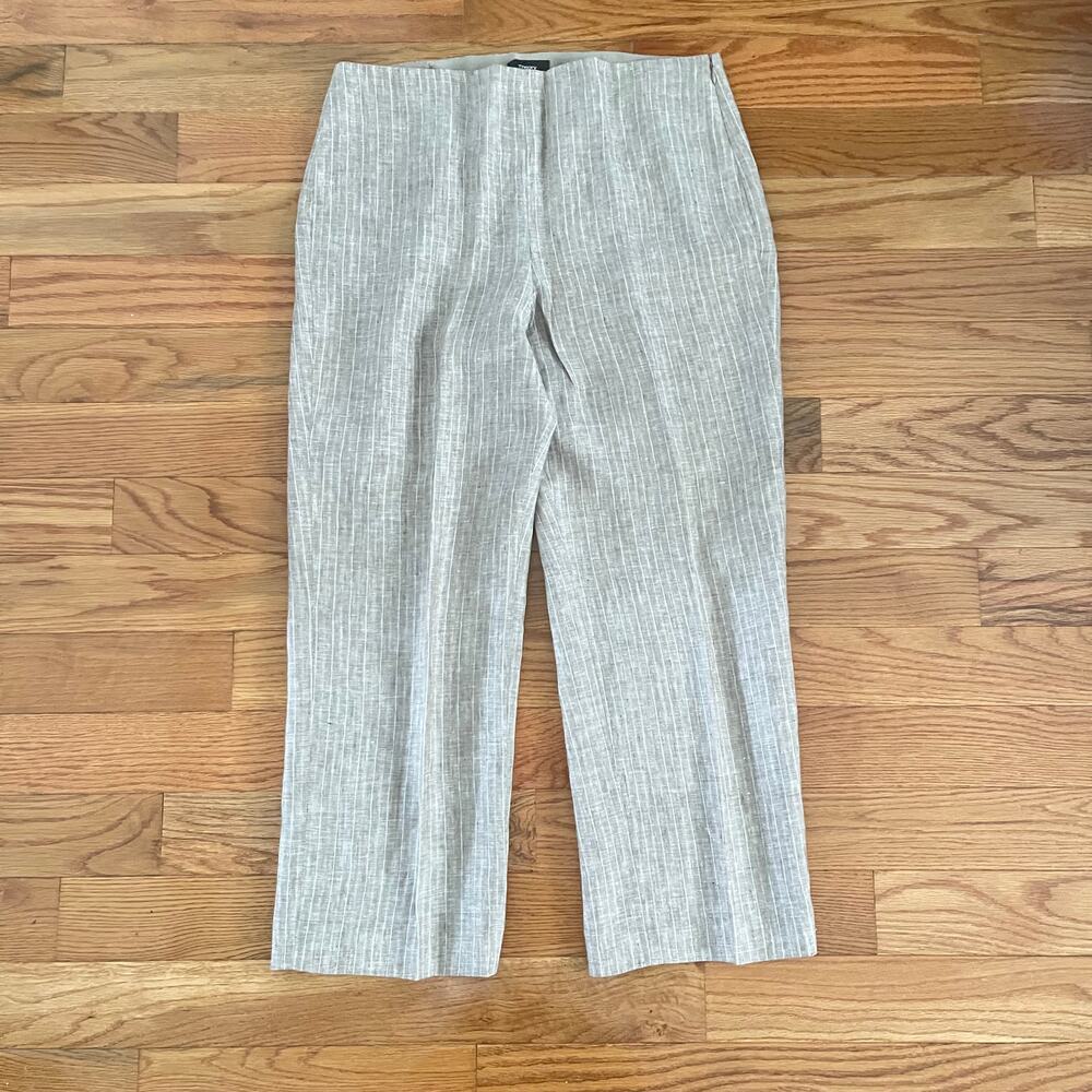 Theory Womens 12 Clean Cropped Linen Pants Tan Striped Trousers Career Smart